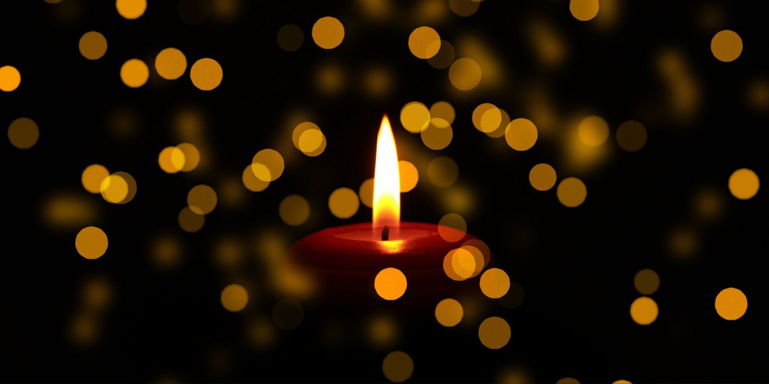 Red candle burning with christmas light in the background