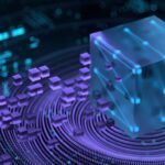 Abstract 3D illustration of data blocks transferring between digital cubes, representing data processing or blockchain technology