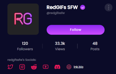 RedGIFs profile with Twitter, Instagram, Reddit, Youtube, Discord and personal link.